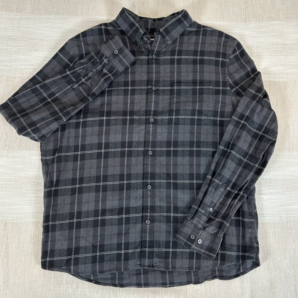 Express Men's Sz Large Black/Grey Plaid Long Sleeve Flannel Shirt‎ Button Down L
